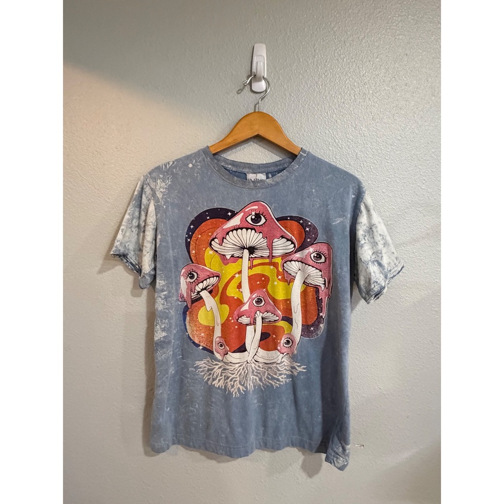 No Time Mushroom Graphic T-Shirt Unisex Medium Blue Acid Wash Psychedelic Tee